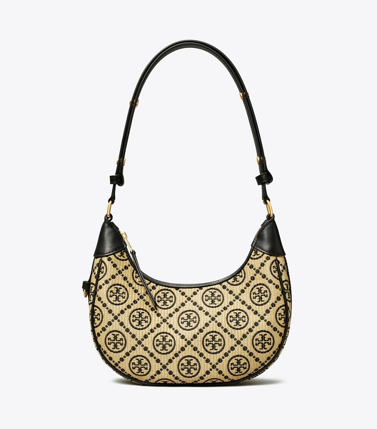 Tory Burch designer shoulder bags T Monogram Raffia Crescent Bag in Black front