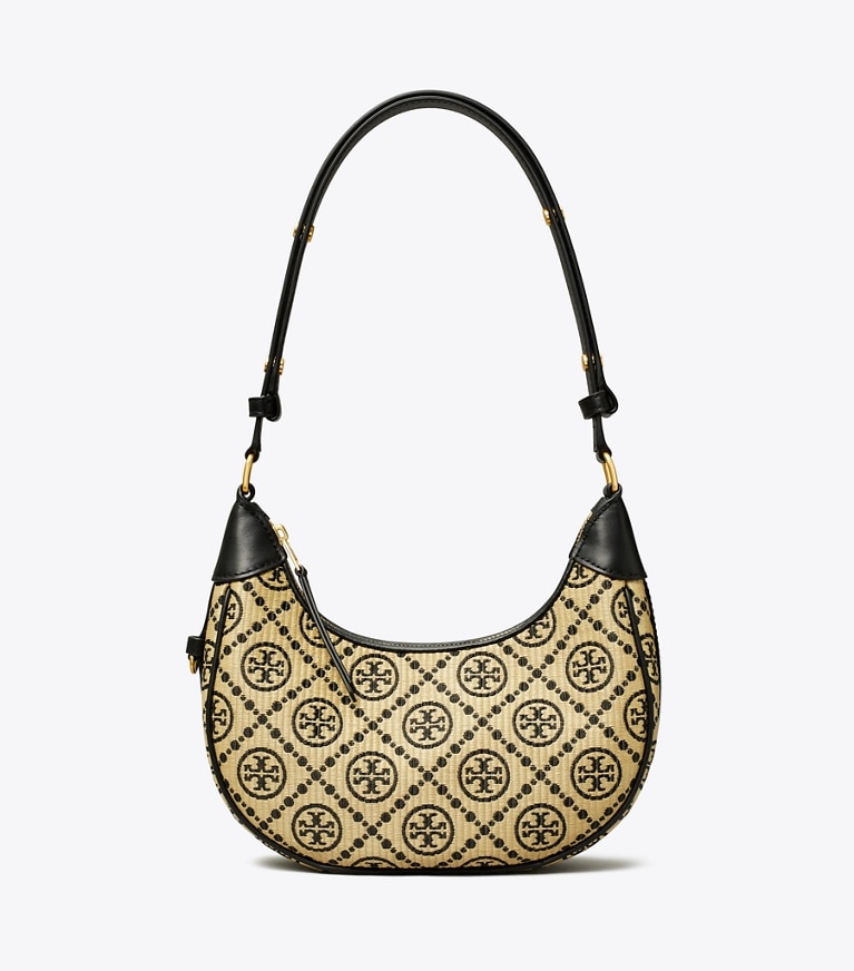 Tory Burch designer shoulder bags T Monogram Raffia Crescent Bag in Black angle