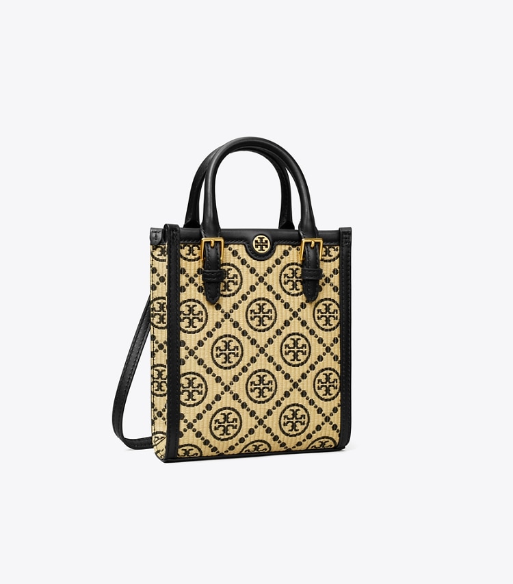 Tory Burch designer crossbody bags T Monogram Raffia Mini Tote in Black angle