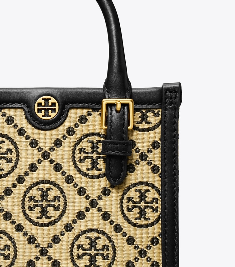 Tory Burch designer crossbody bags T Monogram Raffia Mini Tote in Black detail