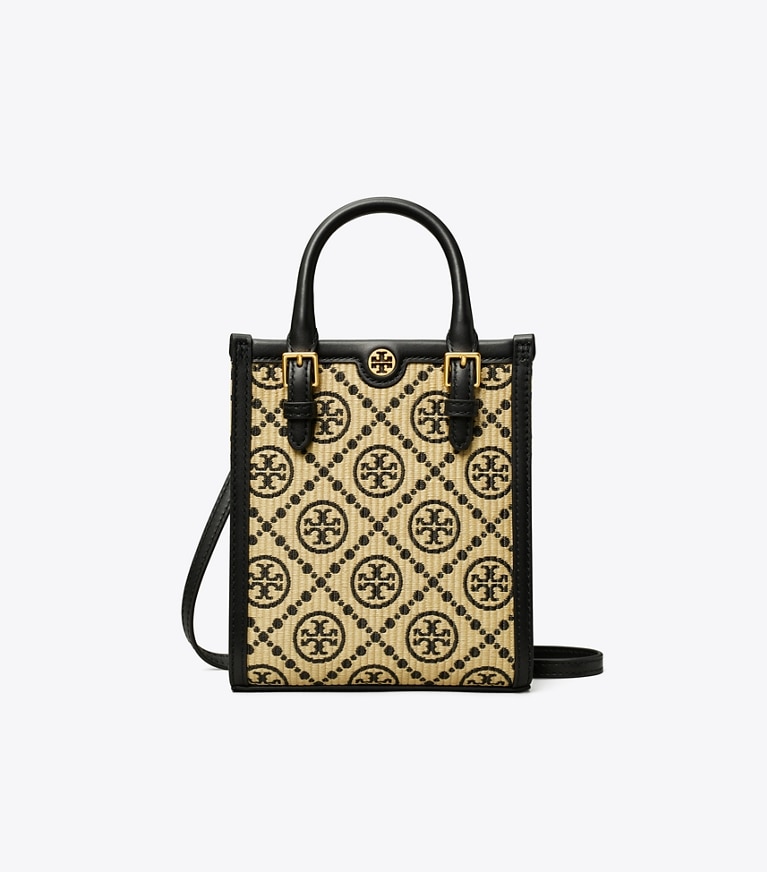 Tory Burch designer crossbody bags T Monogram Raffia Mini Tote in Black angle