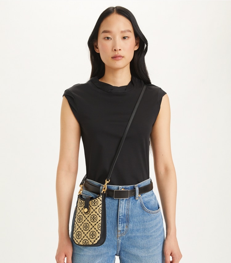 Tory Burch designer mini bags T Monogram Raffia Phone Crossbody in Black accessory on model