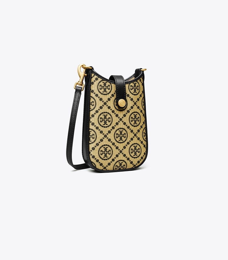 Tory Burch designer mini bags T Monogram Raffia Phone Crossbody in Black angle