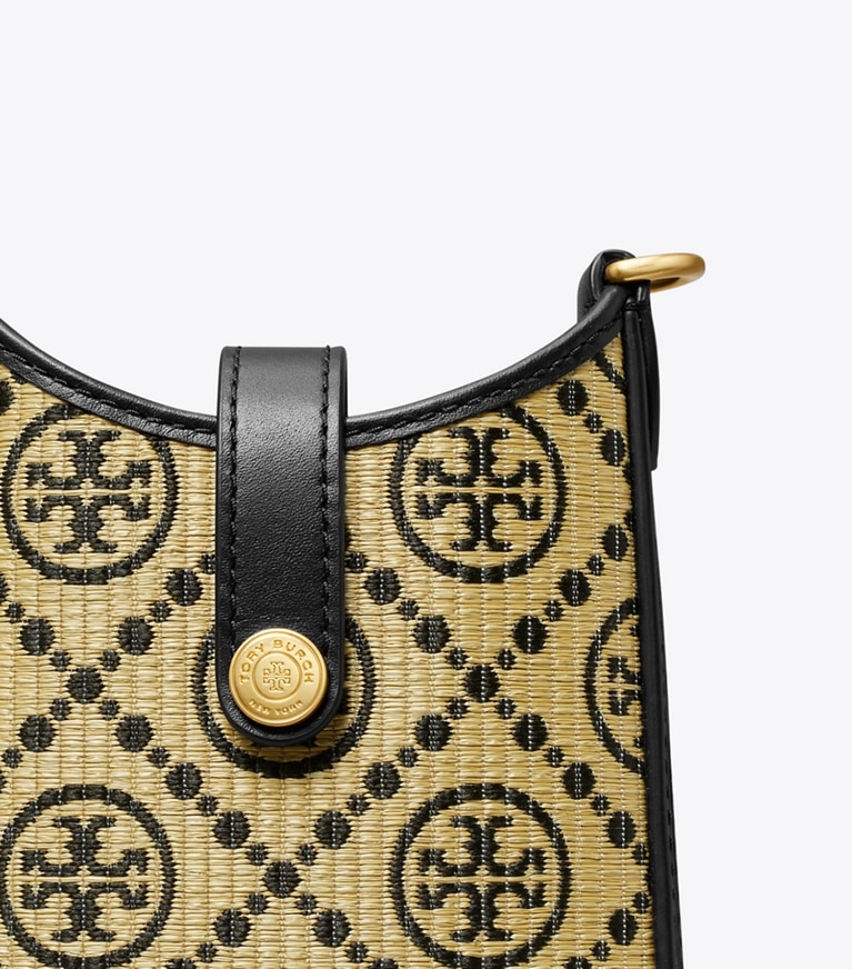 Tory Burch designer mini bags T Monogram Raffia Phone Crossbody in Black angle