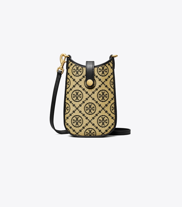 Tory Burch designer mini bags T Monogram Raffia Phone Crossbody in Black angle