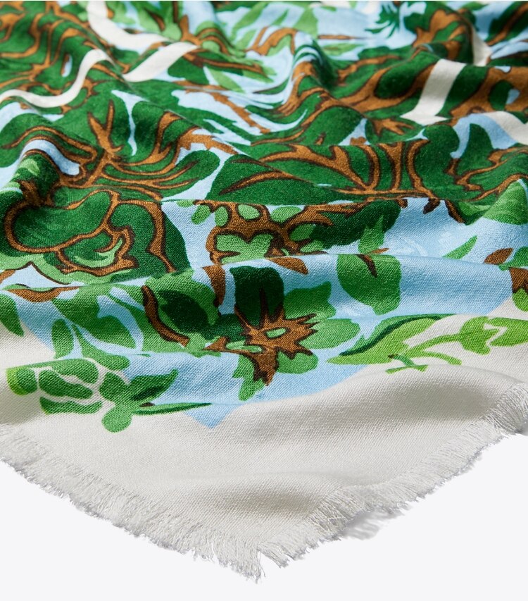 Tory Burch designer scarves T Monogram Rayure Fleurie Traveler in LIGHT BLUE detail