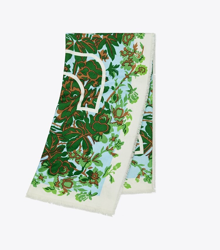 Tory Burch designer scarves T Monogram Rayure Fleurie Traveler in LIGHT BLUE folded