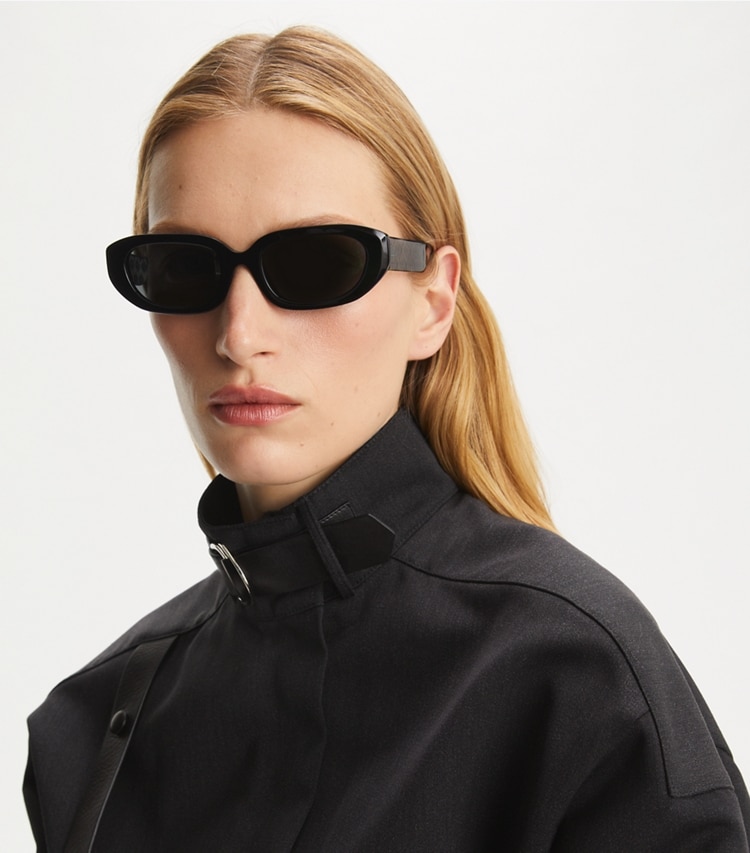 Tory Burch designer sunglasses & eyewear T Monogram Rectangle Sunglasses in BLACK/GREY accessory on model