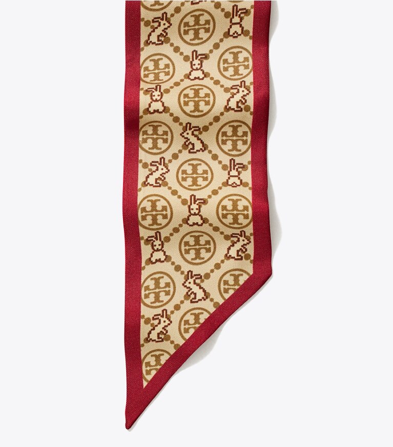 Tory Burch designer scarves T Monogram Reva the Rabbit Ribbon Tie in Rambutan overhead