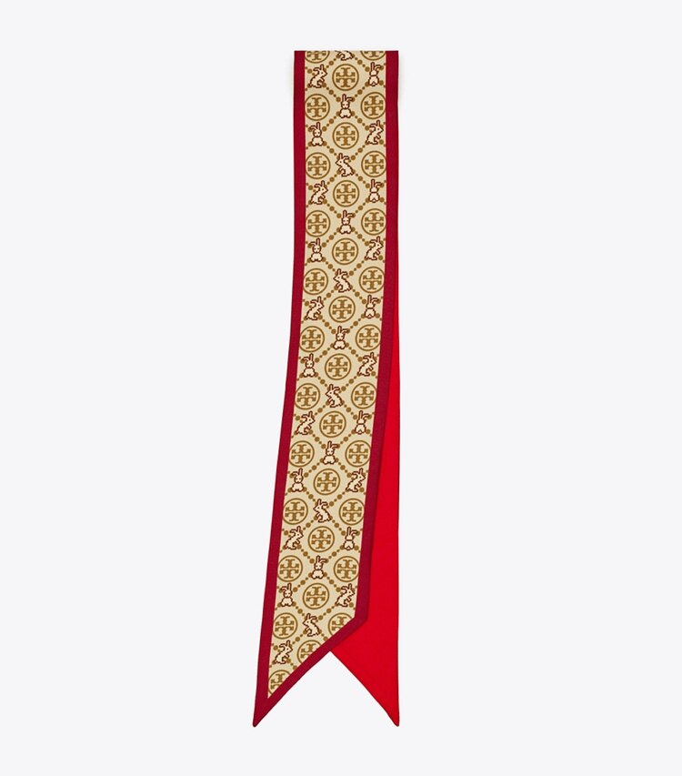 Tory Burch designer scarves T Monogram Reva the Rabbit Ribbon Tie in Rambutan folded