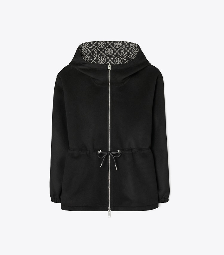Tory Burch designer ジャケット Tモノグラム リバーシブル ジャカード アノラック in Black/Gray T Monogram front