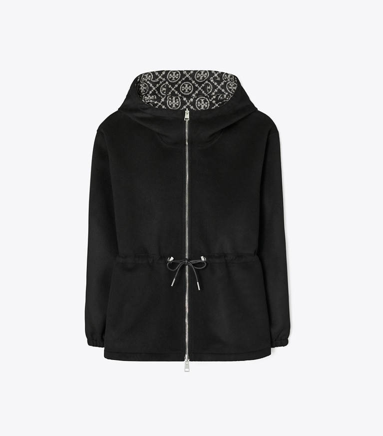 Tory Burch designer ジャケット Tモノグラム リバーシブル ジャカード アノラック in Black/Gray T Monogram front