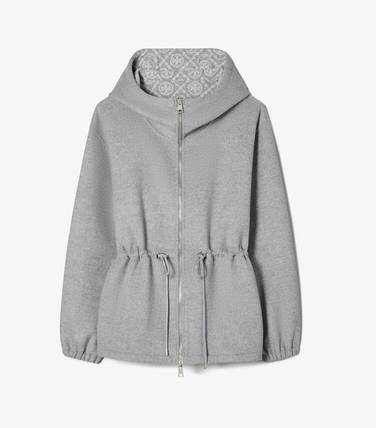 Tory Burch designer ジャケット Tモノグラム リバーシブル ジャカード アノラック in Jacquard Brushed Wool Coating Gray front