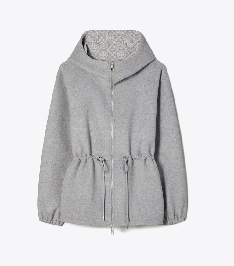 Tory Burch designer ジャケット Tモノグラム リバーシブル ジャカード アノラック in Jacquard Brushed Wool Coating Gray front