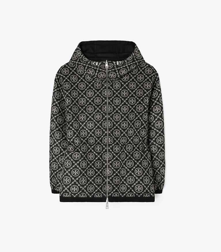 Tory Burch designer ジャケット Tモノグラム リバーシブル ジャカード アノラック in Black/Gray T Monogram front