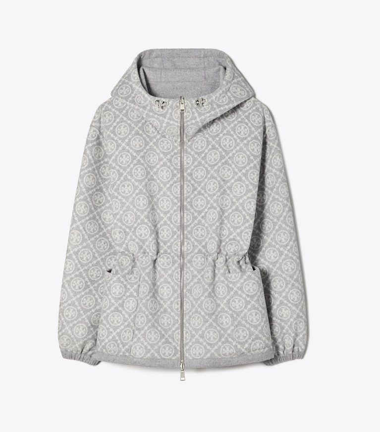 Tory Burch designer ジャケット Tモノグラム リバーシブル ジャカード アノラック in Jacquard Brushed Wool Coating Gray front