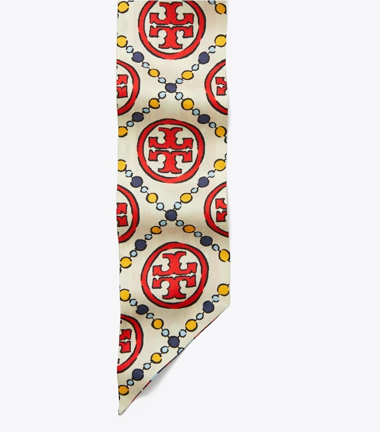 Tory Burch designer scarves T Monogram Ribbon Tie  in Cream overhead