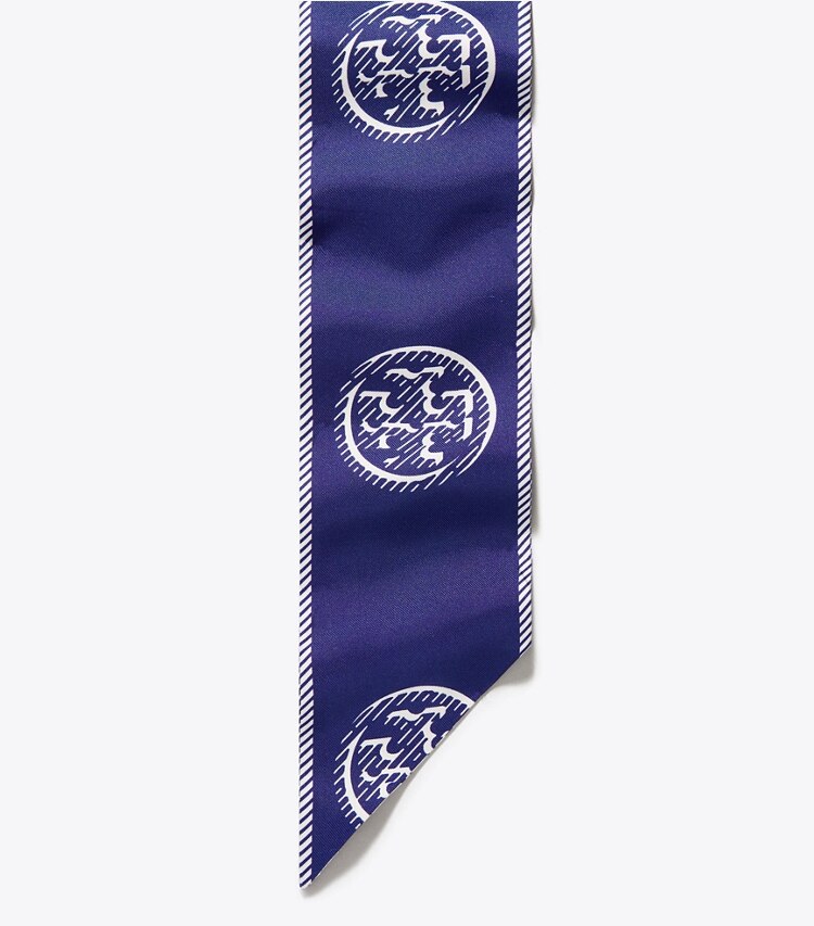 Tory Burch designer scarves T Monogram Ribbon Tie in Ballpoint Blue detail