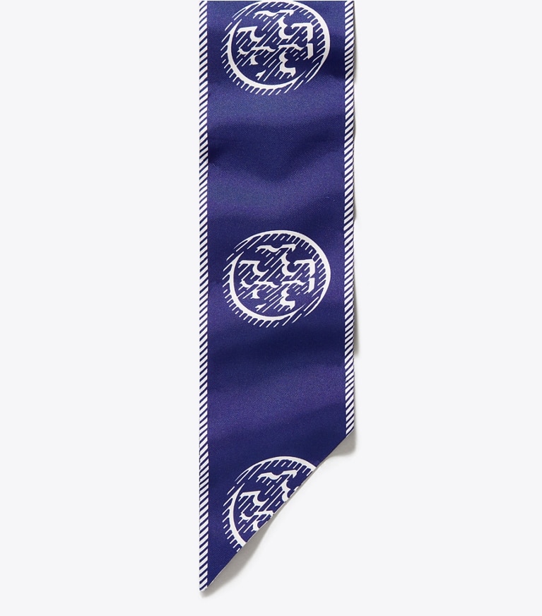 Tory Burch designer scarves T Monogram Ribbon Tie in Ballpoint Blue overhead