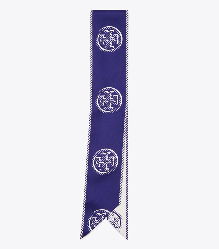 Tory Burch designer scarves T Monogram Ribbon Tie in Ballpoint Blue folded