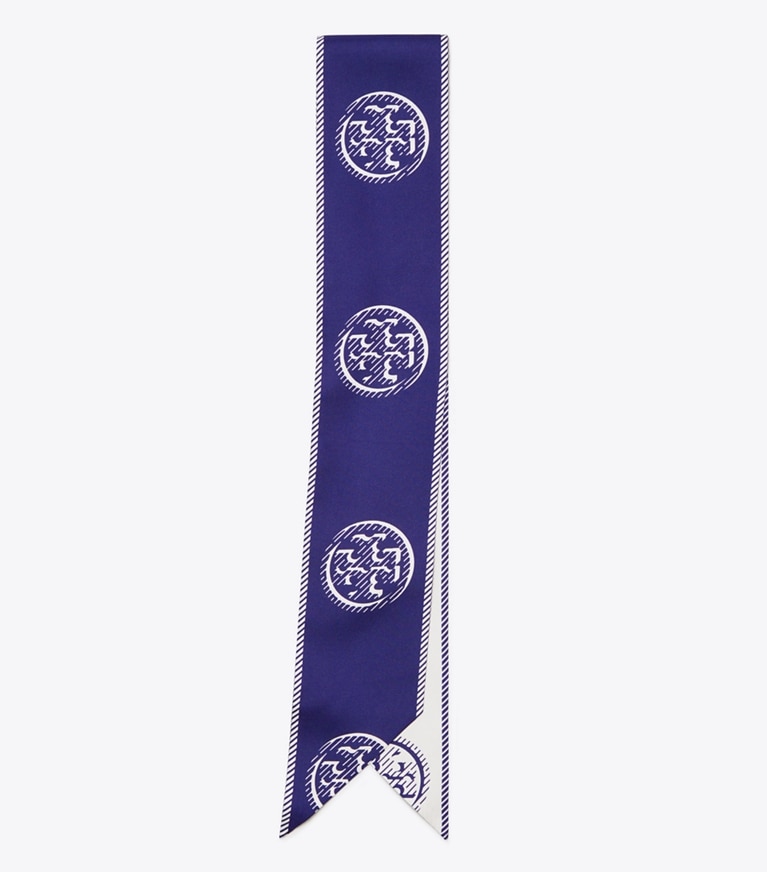 Tory Burch designer scarves T Monogram Ribbon Tie in Ballpoint Blue overhead
