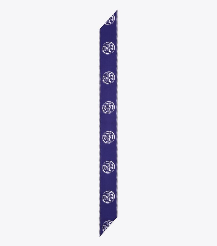 Tory Burch designer scarves T Monogram Ribbon Tie in Ballpoint Blue overhead