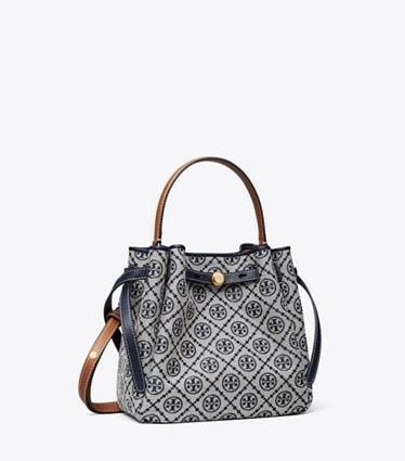 Tory Burch designer crossbody bags T Monogram Romy Bucket Bag in Tory Navy angle