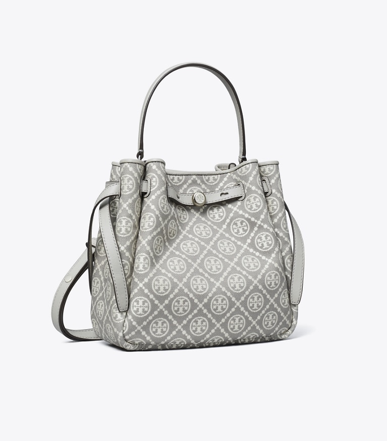 Tory Burch designer クロスボディバッグ ロミー Tモノグラム バケットバッグ in Gray angle