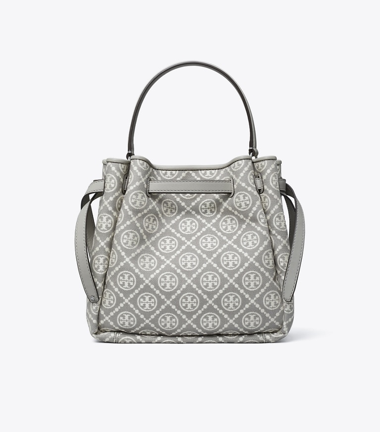 Tory Burch designer クロスボディバッグ ロミー Tモノグラム バケットバッグ in Gray angle