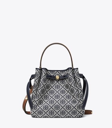 Tory Burch designer クロスボディバッグ ロミー Tモノグラム バケットバッグ in Tory Navy front
