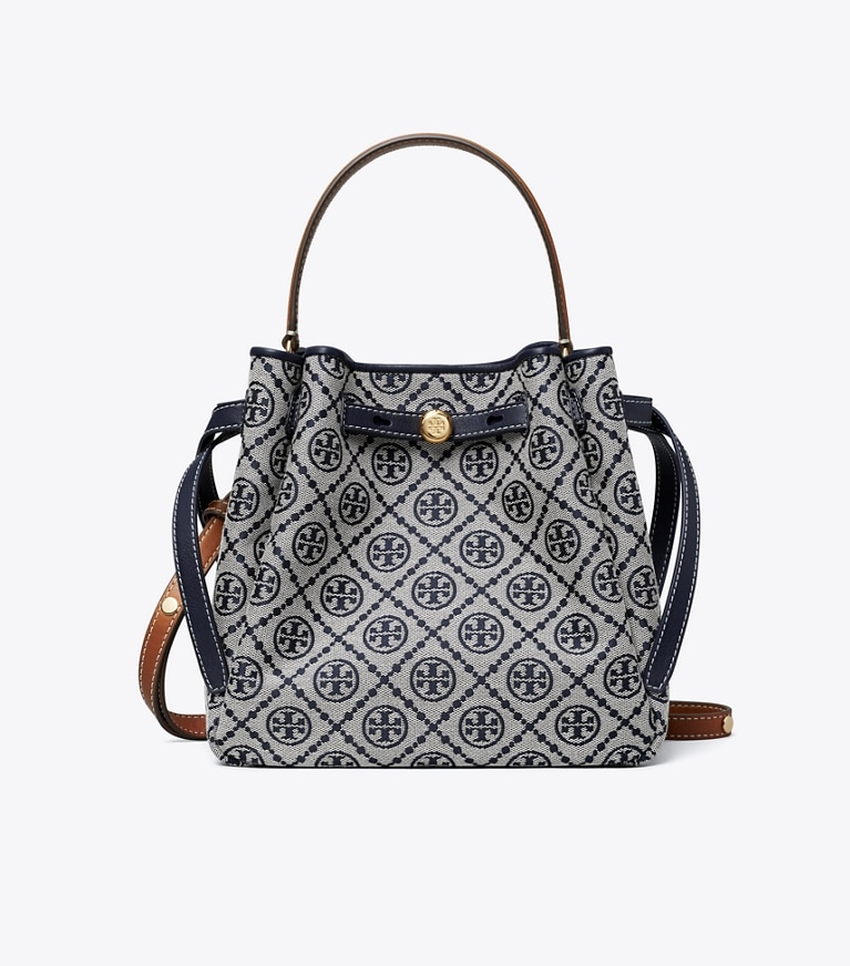 Tory Burch designer crossbody bags T Monogram Romy Bucket Bag in Tory Navy angle