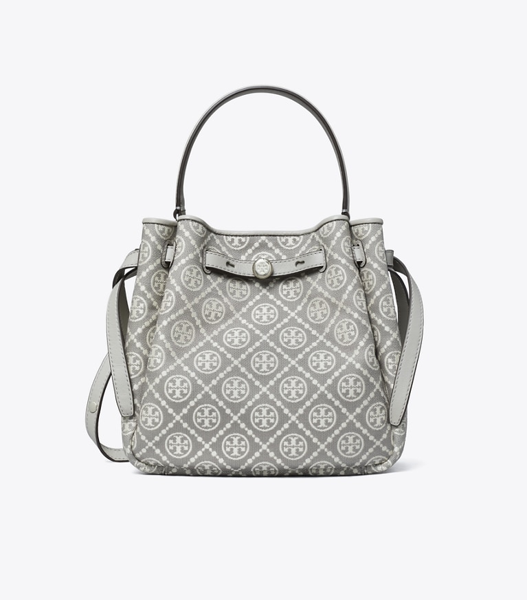 Tory Burch designer クロスボディバッグ ロミー Tモノグラム バケットバッグ in Gray angle