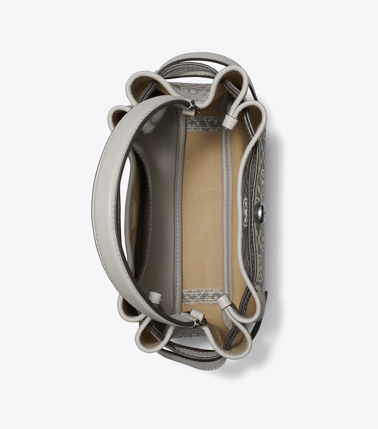 Tory Burch designer クロスボディバッグ ロミー Tモノグラム バケットバッグ in Gray angle