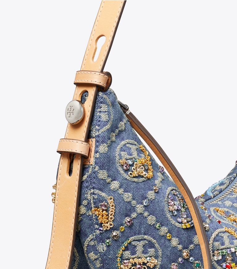 Tory Burch designer shoulder bags T Monogram Romy Denim Embellished Half Moon Bag in Deep Royal detail