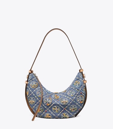Tory Burch designer shoulder bags T Monogram Romy Denim Embellished Half Moon Bag in Deep Royal front