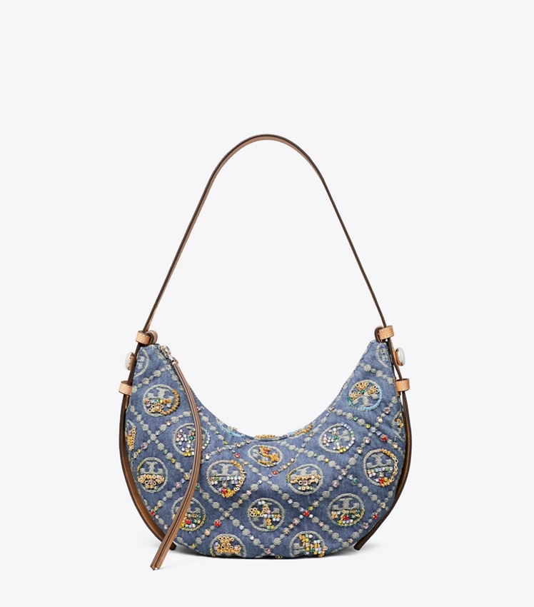 Tory Burch T Monogram Romy Denim Embellished Half Moon Bag