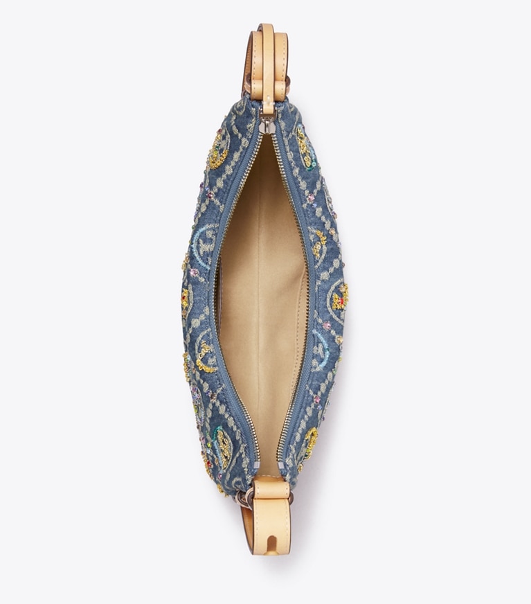 Tory Burch designer shoulder bags T Monogram Romy Denim Embellished Half Moon Bag in Deep Royal overhead