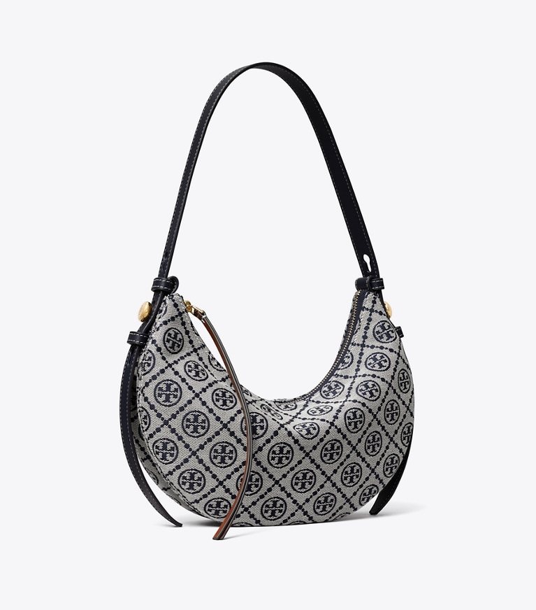 Tory Burch designer shoulder bags T Monogram Romy Half Moon Bag in Tory Navy angle