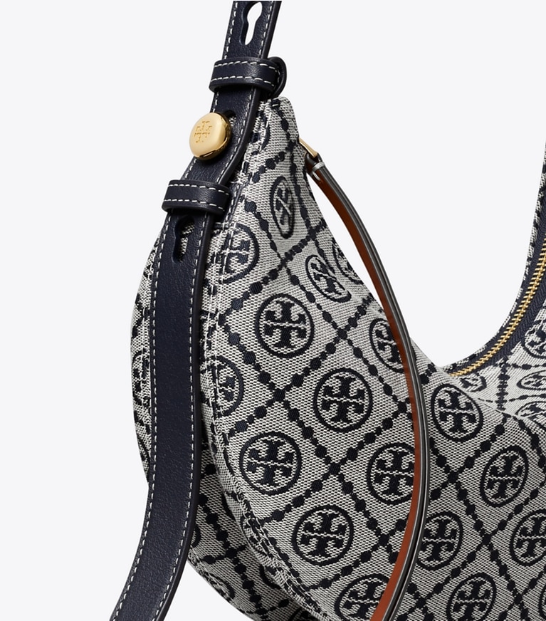 Tory Burch designer shoulder bags T Monogram Romy Half Moon Bag in Tory Navy angle