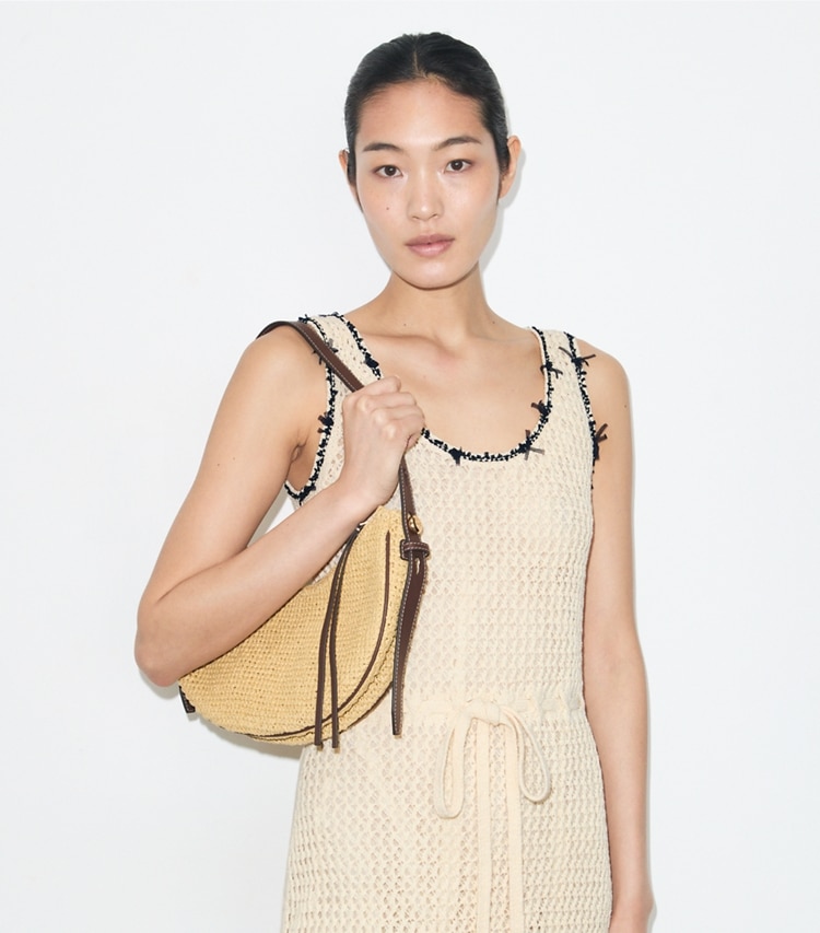 Tory Burch designer shoulder bags T Monogram Romy Woven Half Moon Bag in Natural additional on model