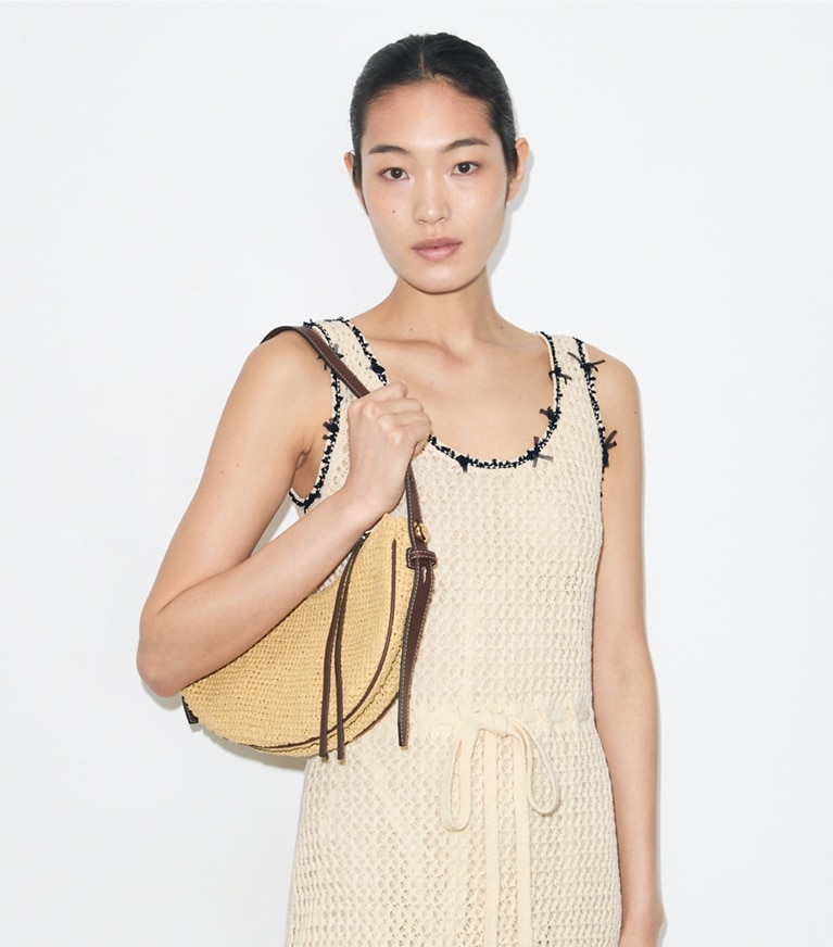 Tory Burch designer shoulder bags T Monogram Romy Woven Half Moon Bag in Natural additional on model