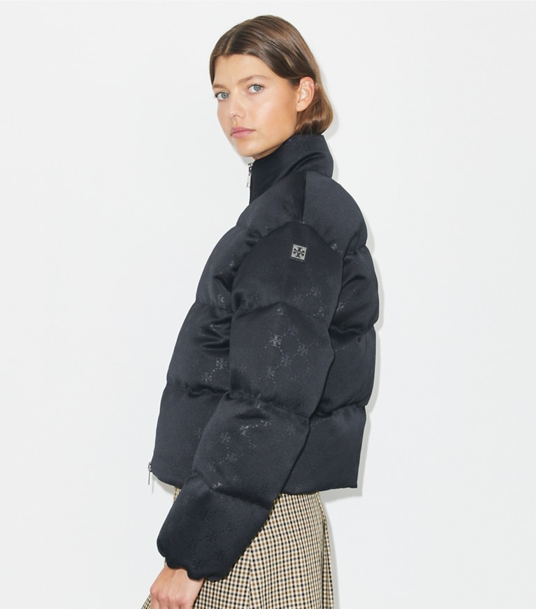 Tory Burch designer coats T Monogram Satin Puffer Jacket in Black front