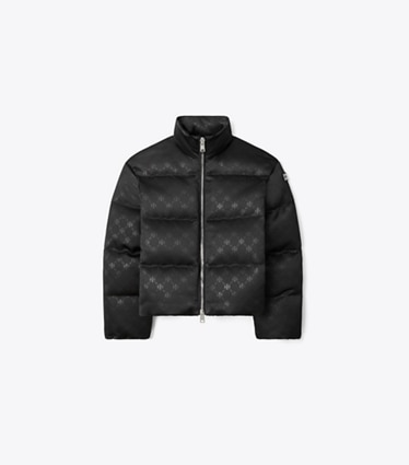 Tory Burch designer coats T Monogram Satin Puffer Jacket in Black front