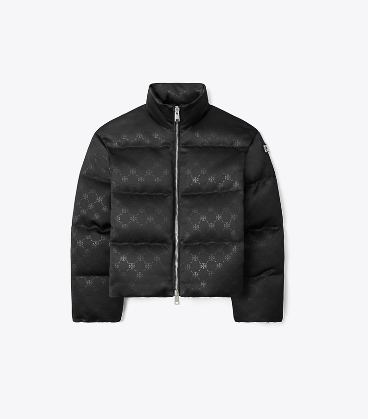 Tory Burch designer coats T Monogram Satin Puffer Jacket in Black front