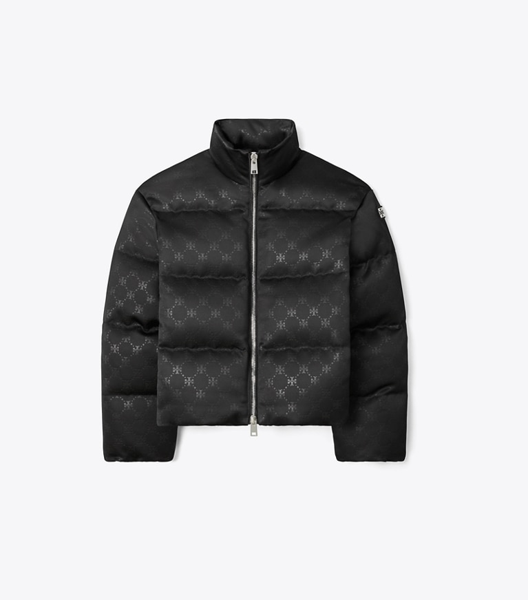 Tory Burch designer coats T Monogram Satin Puffer Jacket in Black front