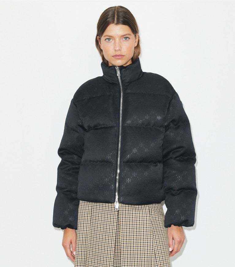 Tory Burch designer coats T Monogram Satin Puffer Jacket in Black front