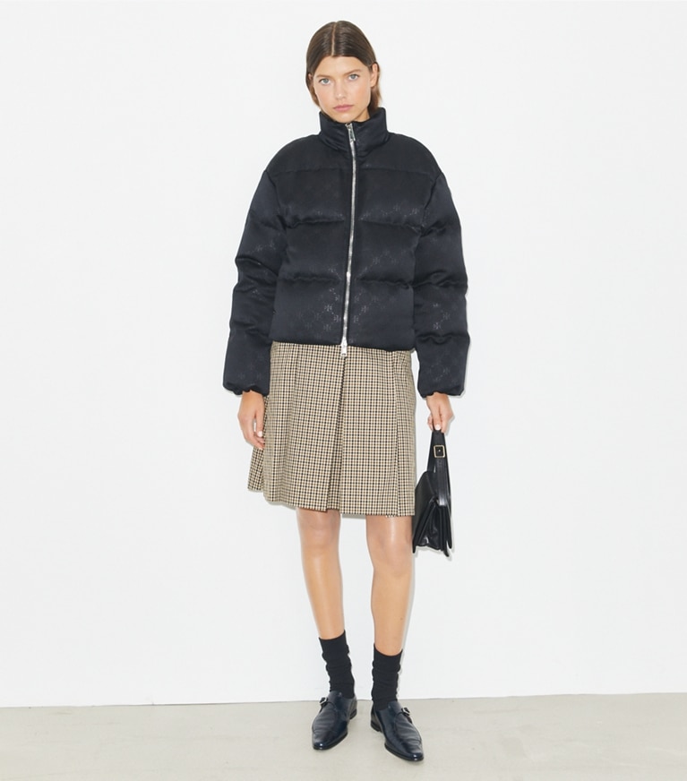 Tory Burch designer coats T Monogram Satin Puffer Jacket in Black front
