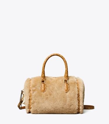 Tory Burch designer crossbody bags T Monogram Shearling Petite Barrel Bag in Teddy front