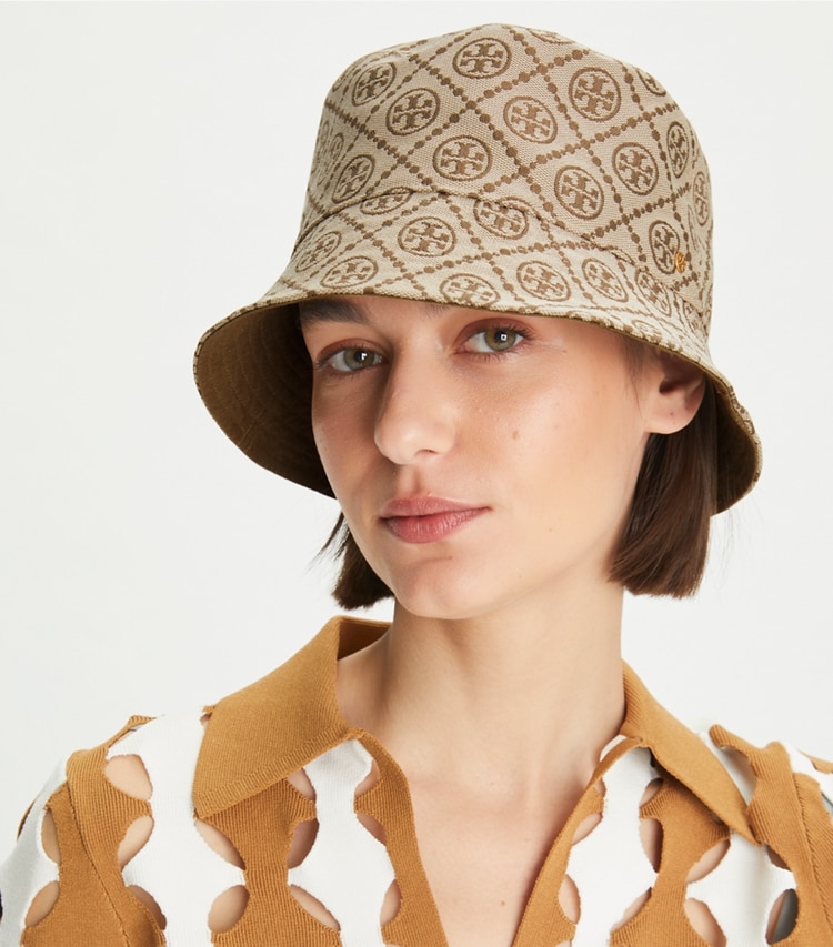 Tory Burch designer hats T Monogram Short-Brim Bucket Hat in Tory Navy accessory on model