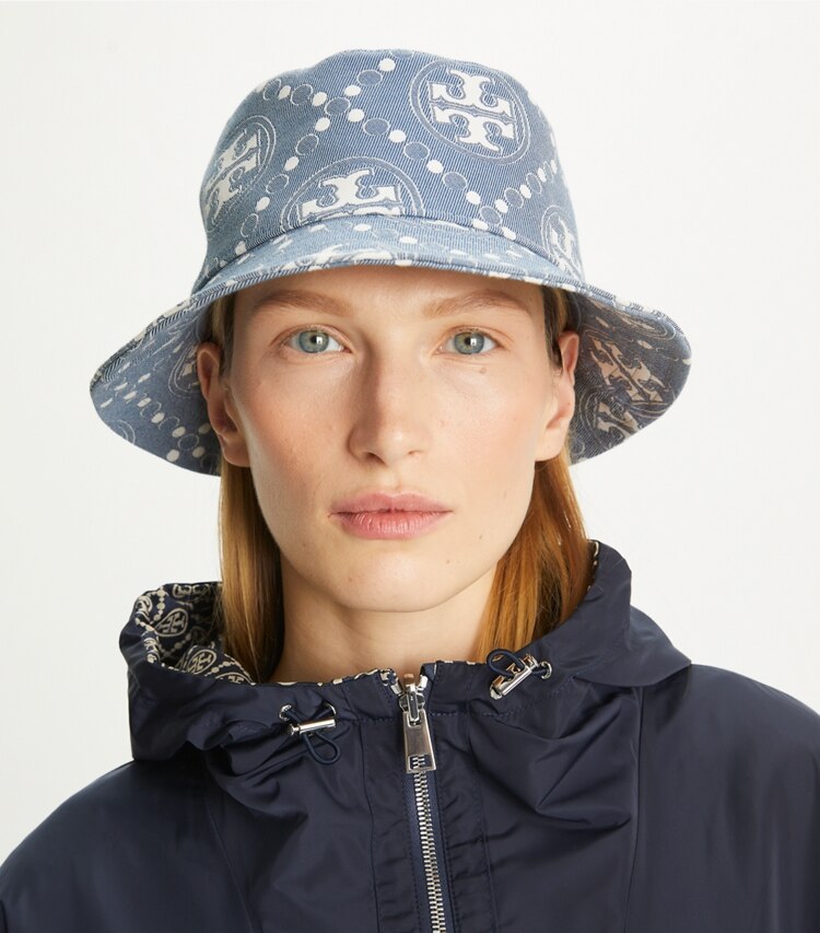 Tory Burch designer hats T Monogram Short Brim Bucket Hat in Light Purple/Blue accessory on model